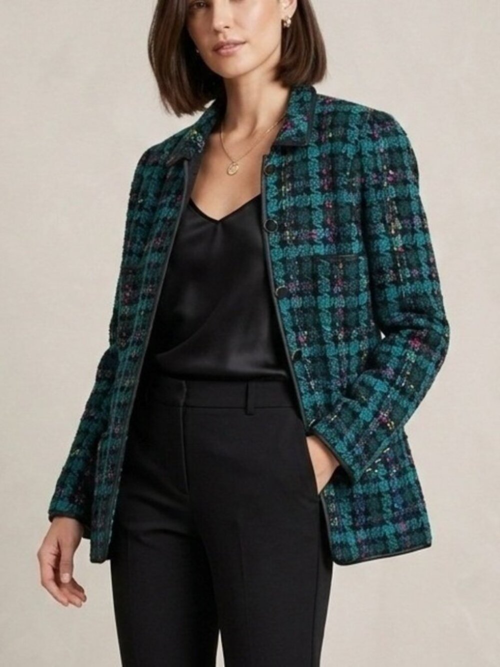 Vintage Carlisle Teal Multi Houndstooth Tweed Wool Blend Blazer Lady Jacket 14